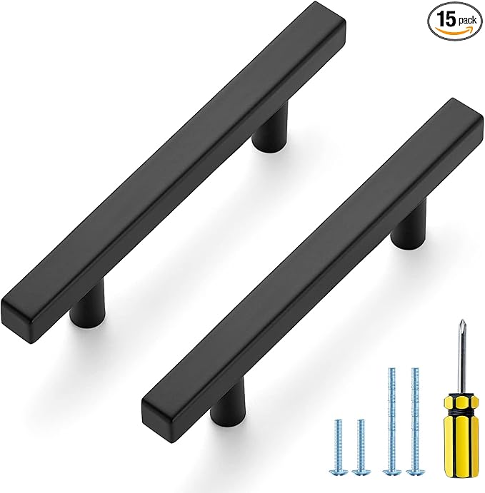 Ravinte Black Cabinet Handles 15 Pack 3-1/2 inch Matte Black Square Cabinet Pulls Kitchen Hardware 6 inch Overall Length Kitchen Drawer Pulls