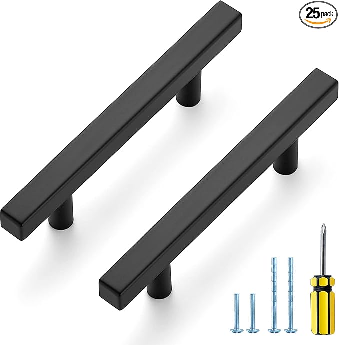 Ravinte Black Cabinet Handles 25 Pack 3-1/2 inch Matte Black Square Cabinet Pulls Kitchen Hardware 6 inch Overall Length Kitchen Drawer Pulls
