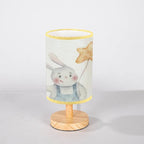 Minimalist Bedside Table Lamp cute childrens bunny holding colored holiday balls in hands holiday Wood Nightstand Lamp Bedside Desk Lamp Wood Base Flaxen Fabric Shade for Bedroom Living Room