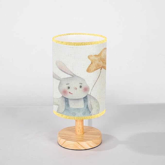 Minimalist Bedside Table Lamp cute childrens bunny holding colored holiday balls in hands holiday Wood Nightstand Lamp Bedside Desk Lamp Wood Base Flaxen Fabric Shade for Bedroom Living Room