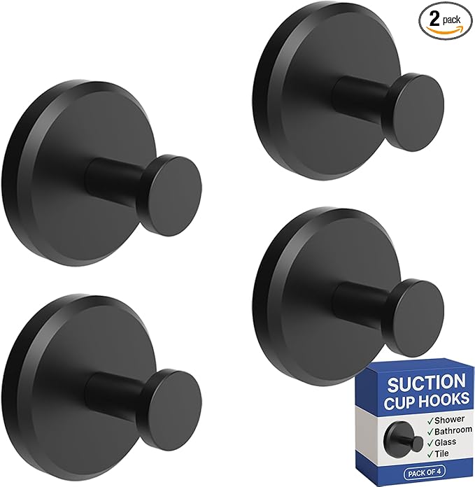HOME SO Suction Cup Hooks for Shower, Bathroom, Kitchen, Glass Door, Mirror, Tile – Loofah, Towel, Coat, Bath Robe Hook Holder for Hanging up to 15 lbs – Waterproof & Rustproof, Matte Black (4-Pack)