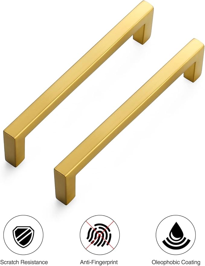 Ravinte 10 Pack Solid Gold Kitchen Cabinet Handles Slim Drawer Pulls with 5 Inch Hole Center Square Bar Cupboard Hardware