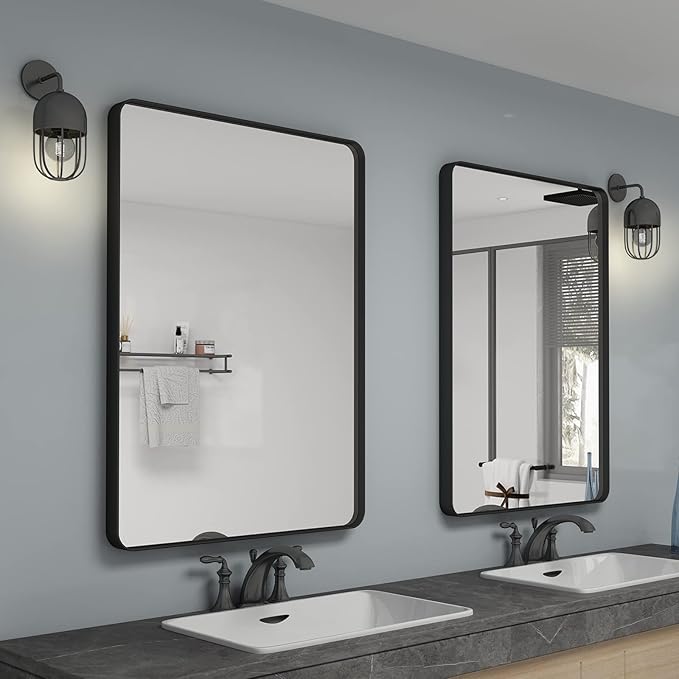 24x36 Inch Black Framed Mirror for Wall, Matte Black Bathroom Rectangle Mirror, Rounded Corner, Anti-Rust (Horizontal/Vertical)