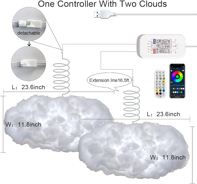 2PCS 3D Big Cloud lightning Light Kit Music Sync Warm Multicolor lightning Changing Strip Lights 360 Degree Wireless Remote APP NO DIY Coolest Decorations for Adults and Kids Indoor Home Bedroom