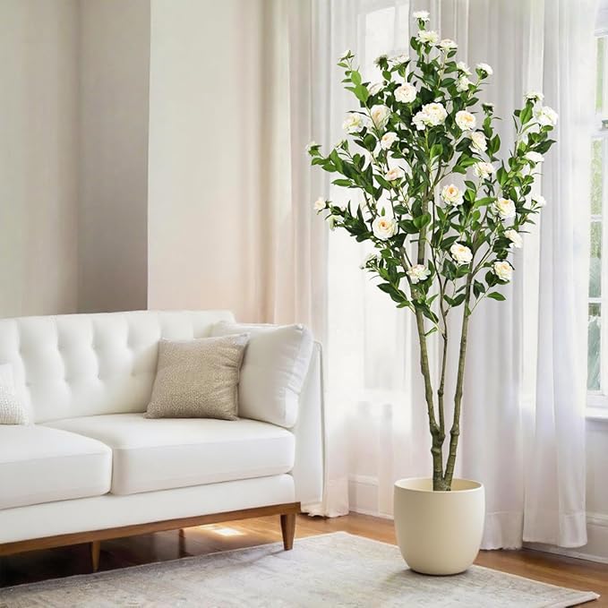 6.89ft Faux Camellia Tree, Handmade Artificial Floral Camellia Tree, Fake Pink White Blooming Flowers Green Leaves, Artificial Plants for Home Front Door Decor Indoor Outdoor Party Wedding