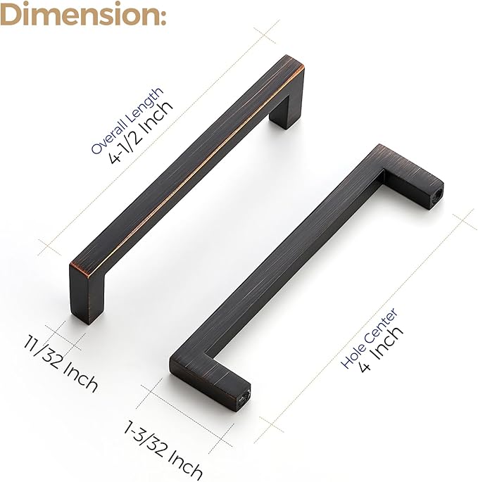 Ravinte 10 Pack Solid Kitchen Cabinet Handles Oil Rubbed Bronze Cabinet Pulls Slim Drawer Pulls with 4 Inch Hole Center Square Bar Kitchen Cabinet Hardware