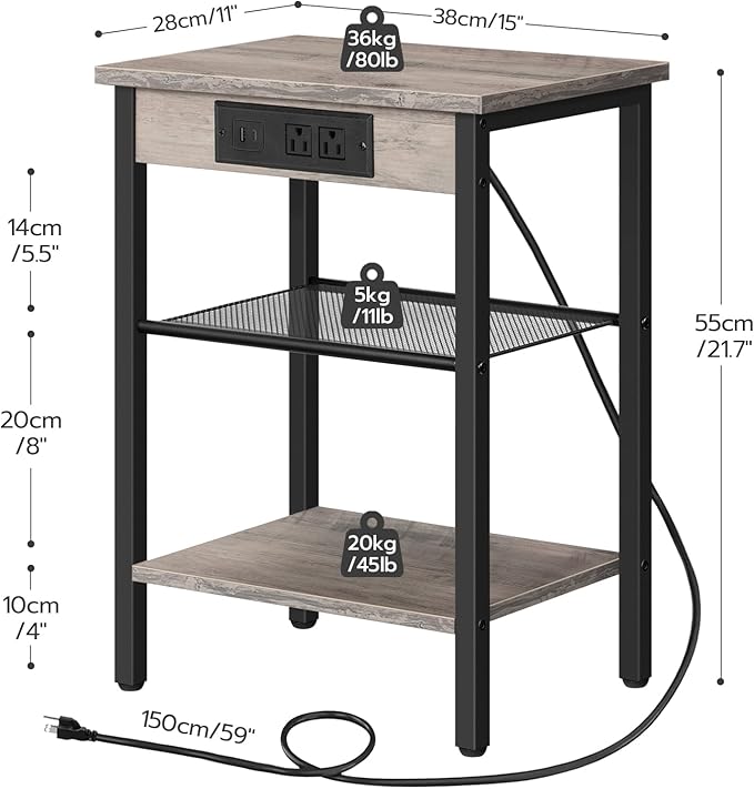 HOOBRO End Table with Charging Station and USB Port, Small Side Table for Small Space, 3-Tier Nightstand with Adjustable Shelf, for Living Room, Bedroom and Balcony, Greige BG112BZ01