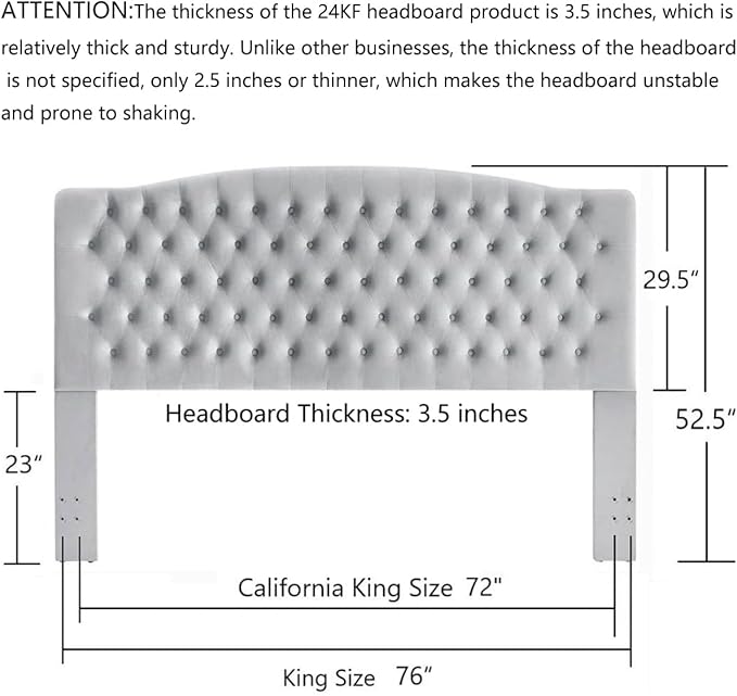 24KF Upholstered Tufted Button Velvet Headboard,Comfortable Fashional Headboard King/CA King Size,Gray