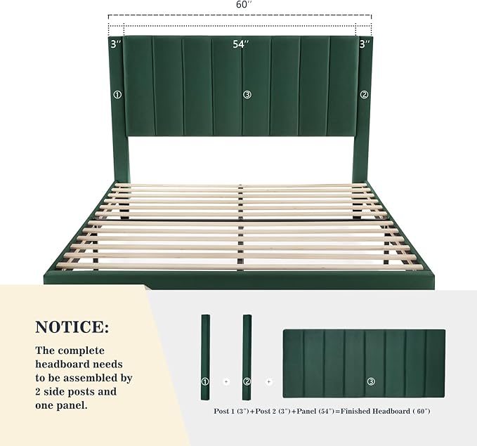 Allewie Queen Bed Frame/Velvet Upholstered Bed Frame with Vertical Channel Tufted Headboard/Strong Wooden Slats/Platform Bed Frame/Mattress Foundation/Box Spring Optional/Easy Assembly/Green