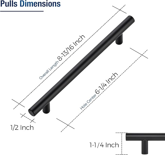 JOY DECOR 30 Pack Cabinet Handles, Black Cabinet Pulls, 6-1/4 in Hole Center Kitchen Hardware, Stainless Steel T Bar Handles for Dresser Drawers