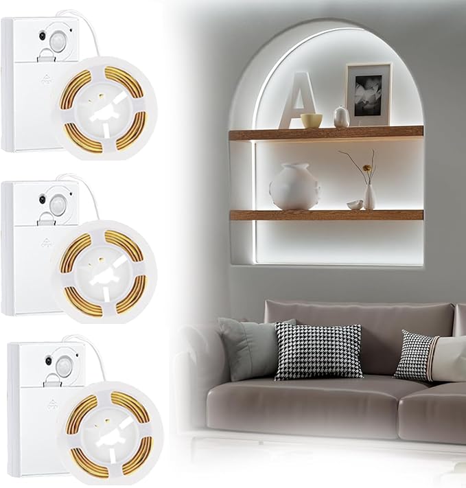 Battery Powered LED Strip Lights, COB Motion Sensor LED Strip Lights 20 inch x 3 Pack for Kitchen Under Cabinet Lighting, Shelves, Under Counter, Closet, Cordless Click Light, Cool White 6000K