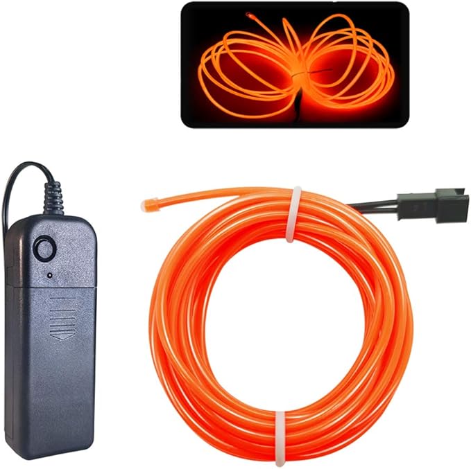 MaxLax EL Wire Orange, 9.8ft/3m Portable Battery Pack Neon Light Strip 360° Cuttable Glowing Rope Lights for Parties, Halloween, DIY Decoration