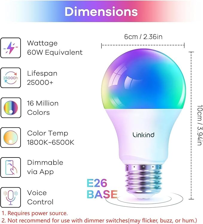 Linkind Smart Light Bulbs with Remote Control, Smart Bulb That Work with Alexa & Google Home, LED Light Bulbs Color Changing 64 Preset Scenes, A19 E26 2.4Ghz WiFi Light Bulbs Dimmable 60W 800lm 6 Pack