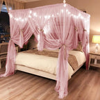 Joyreap 4 Corners Post Pink Canopy Bed Curtain for Girls & Adults - King Size Royal Luxurious Cozy Drape Netting- Cute Princess Bedroom Decoration Accessories