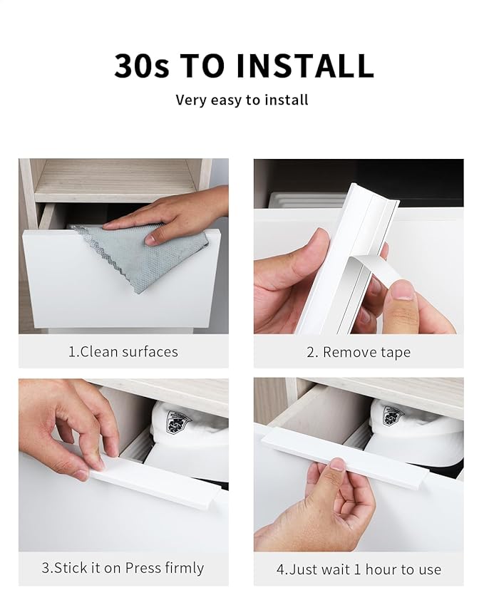 5 Pack 8 inch self Adhesive Cabinet pulls Adhesive Cabinet Handles Drawer pulls Warm White Stick on Finger pulls Concealed Finger pulls for cabinets Seam Handles Edge Flat