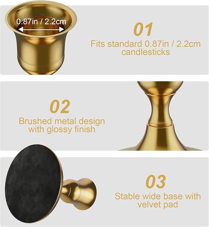 6PCS Brass Gold Taper Candle Holders, Vintage Metal Candlestick Holders for Dinner Room Table Centerpiece or Mantel Wedding Party Decor