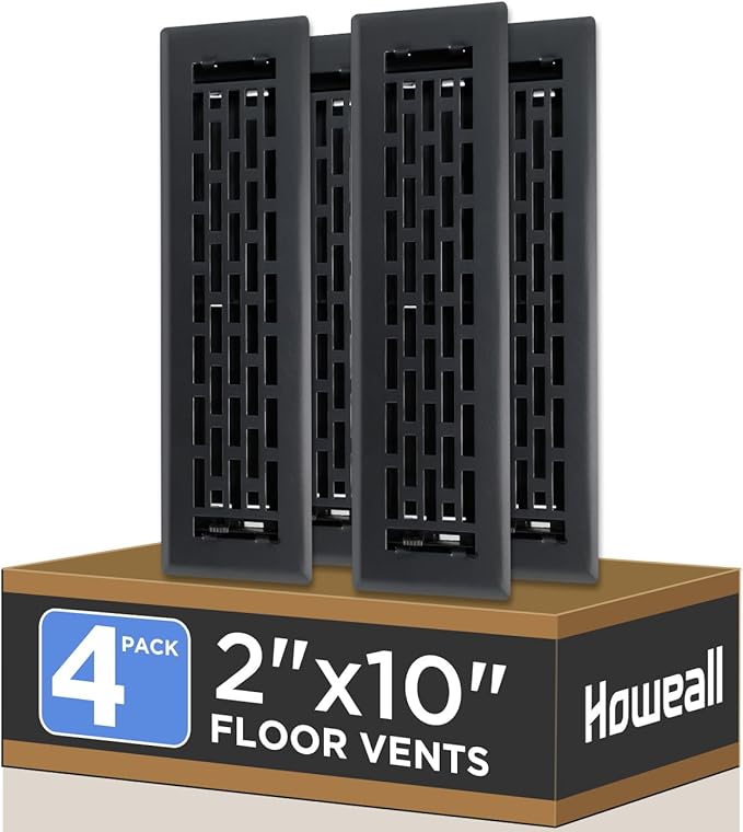 2x10 Inches 4 Pack Heavy Duty Walkable Floor Register - Easy Adjust Air Supply Lever Decorative Floor Vent Covers, Boston Design Vent Covers for Home - Matte Black