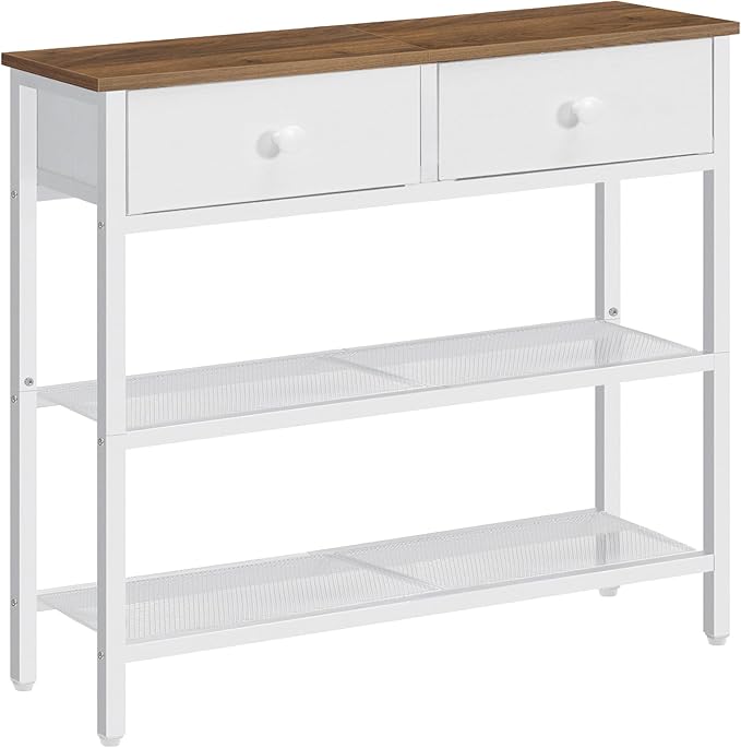 HOOBRO 29.5" Narrow Console Table with 2 Fabric Drawers, Sofa Table, Small Entryway Table with 3-Tier Storage Shelves, Behind Couch Table, for Living Room, Hallway, Walnut and White WH72XG01