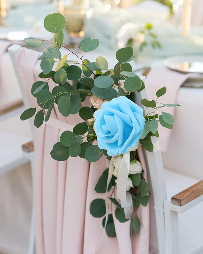 Artificial Flowers Realistic Roses, 25pcs Blue & White Real Looking Fake Roses with Stem for DIY Wedding Bouquets Centerpieces Bridal Shower Party Home Romantic Decorations (25pcs, Shades of Blue)