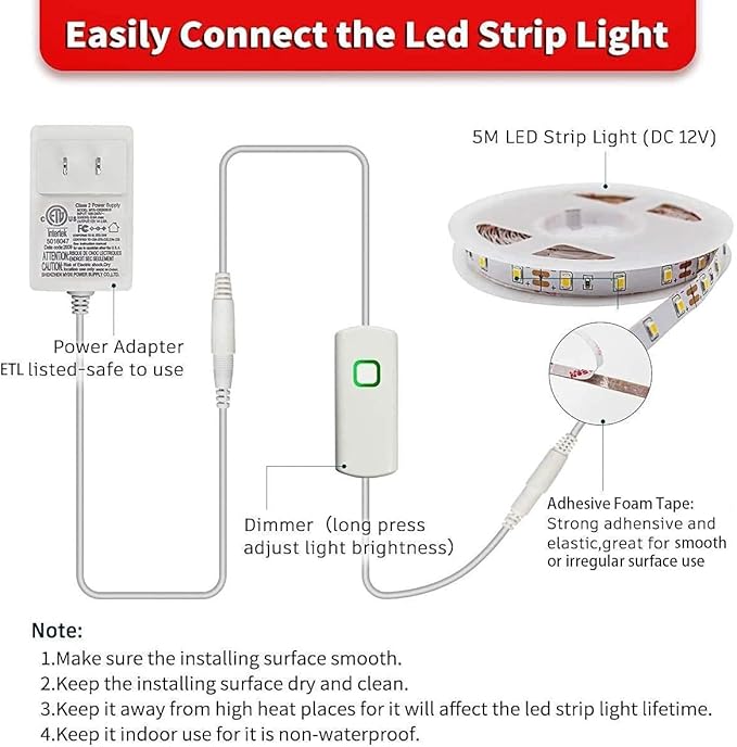 MY BEAUTY LIGHT LED Strip Lights Warm White, 16.4ft Dimmable LED Light Strip,12v Flexible LED Rope Lights Kits for Kitchen Cabinet Bedroom Party Decor