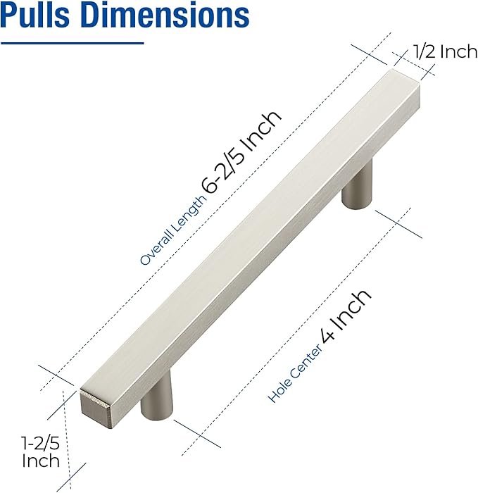 JOY DECOR 10 Pack 4 Inch Brushed Nickel Square Cabinet Handles Stainless Steel Cabinet Hardware Pulls for Kitchen and Drawers with 6-2/5 Inch Overall Length