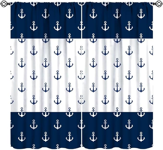Anchor Pattern Curtains, Nautical Theme Navy Blue White Anchor Sea Life Adventure Print Blackout Window Treatments for Living Room Boys Men's Bedroom 42x54 Inch