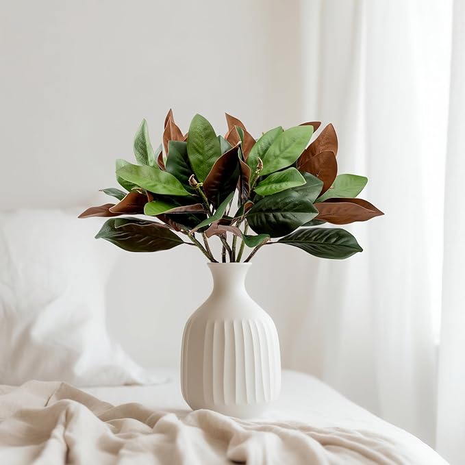 4 Pcs Magnolia Artificial Leaves Branches 25 Inch 3D Real Touch Pick Faux Magnolia Stems Fake Leaves Twigs for Indoor Outdoor Vase Filling Home Wedding Floral Arrangement Decoration