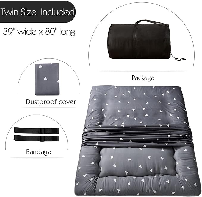 Grey Triangle Japanese Floor Futon Mattress, Tatami Mat Portable Camping Mat Kids Sleeping Pad Foldable Roll Up Floor Lounger Pillow Bed Twin Size with Mattress Protector Cover
