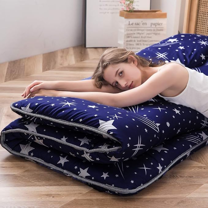 MAXYOYO Navy Starry Sky Japanese Futon Mattress, Tatami Floor Mat, Portable Camping Sleeping Pad, Foldable Roll Up Lounger Bed Full Size with Mattress Protector Cover