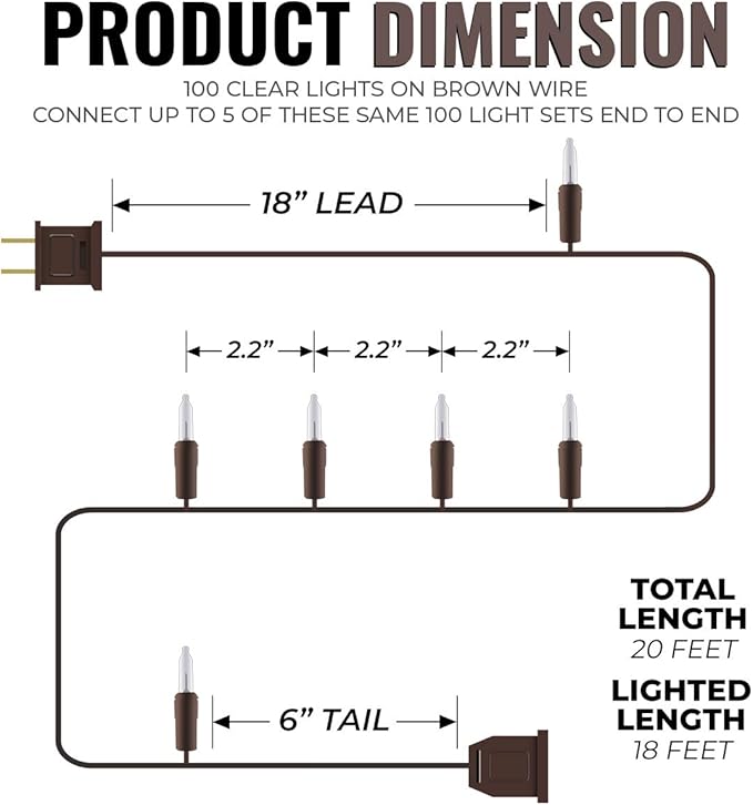 612 Vermont 100 Clear Mini Christmas String Lights on Brown Wire Cord, UL Approved for Indoor/Outdoor Use, 18 Foot of Lighted Length, 20 Foot of Total Length