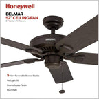 Honeywell Ceiling Fans Belmar 52 Inch Ceiling Fan Without Light, Outdoor Ceiling Fan with Pull Chain, Tri-Mount Traditional 5 Blade Design, ETL Wet Rated, Bronze (50199-01)