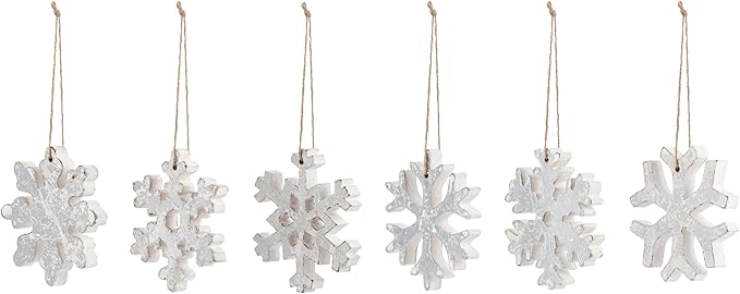 DEMDACO Cozy Time Silver Tone 4 x 4 Inch Wood Christmas Tree Decoration, Festive Holiday Décor, Distressed, Hanging Ornaments, Set of 6, Snowflake