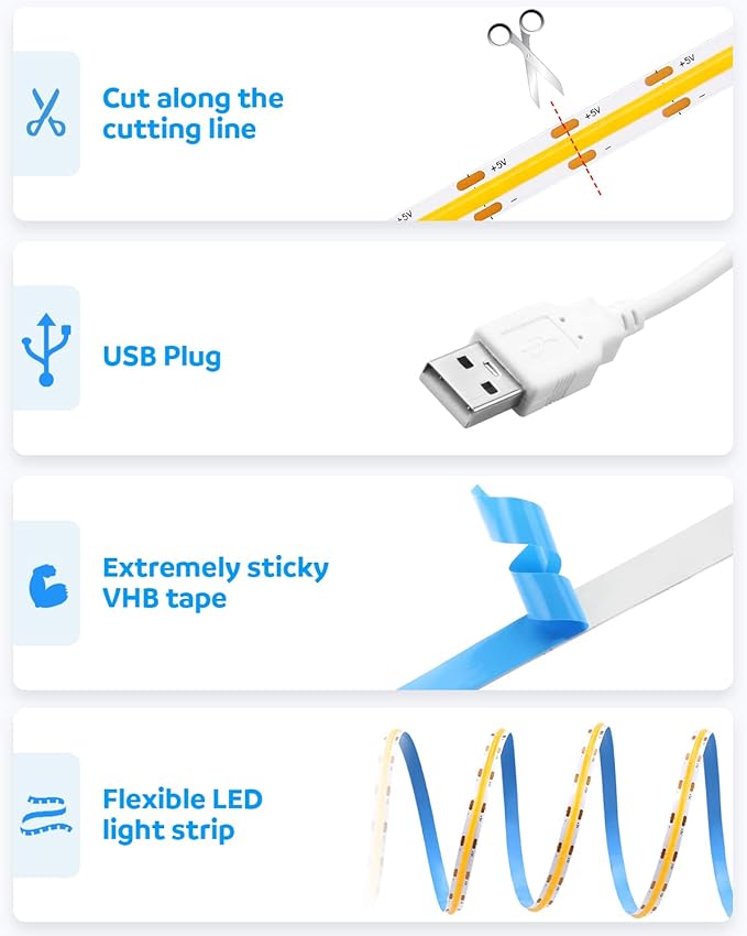 Aclorol USB COB LED Strip Lights for TV 5V USB Powered LED Tape Lights Daylight White 6.56FT 320Leds/M 6000K COB Flexible Light Strip TV Led Backlight for Bedroom Under Cabinet Kitchen DIY