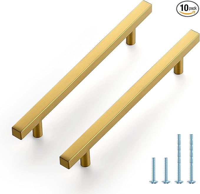 JOY DECOR 10 Pack 6-1/4 Inch Brushed Brass Square Cabinet Handles Stainless Steel Cabinet Hardware Pulls for Kitchen and Drawers with 8-13/16 Inch Overall Length