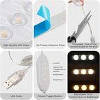 Consciot LED Vanity Lights for Mirror, Hollywood Style Strip, Adjustable Color & Brightness, USB Cable, Dimmable Makeup Stick on Table Dressing Room, White