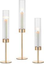 Hewory Gold Taper Candle Holders: Candlestick Holders Set of 3 Hurricane Glass Tall Candle Holder for Candlesticks Candle Sticks Holder Decor for Table Centerpiece Wedding Party Christmas Decorations