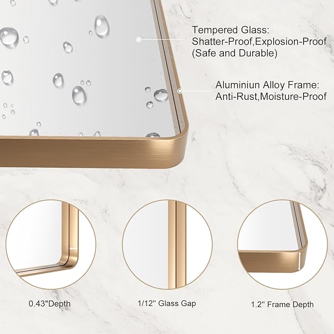 LOAAO 72”X32” Gold Bathroom Mirror, Rounded Rectangle Gold Frame Mirror, Brushed Gold Bathroom Vanity Mirror Wall-Mounted, Anti-Rust, Tempered Glass, Hangs Horizontally or Vertically