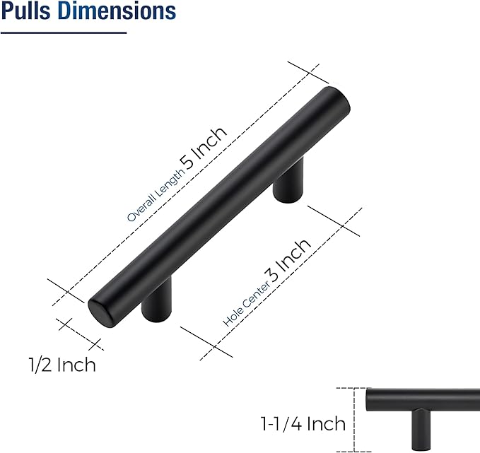 JOY DECOR 10 Pack Cabinet Handles, Black Cabinet Pulls, 3 in Hole Center Kitchen Hardware, Stainless Steel T Bar Handles for Dresser Drawers