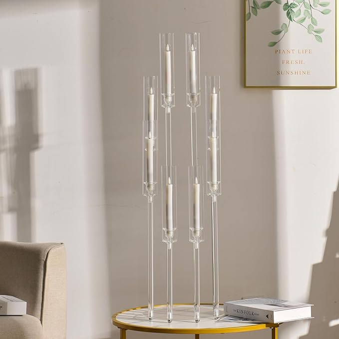 2PCS Acrylic Candelabra Centerpieces,Tall Clear Floor Candelabra for Wedding 8 Arm Candle Holder with Acrylic Shade Circular Base for Party Table Decoration Fit 0.87 LED Candle