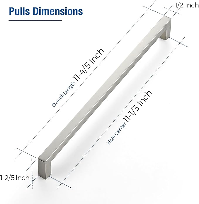 JOY DECOR 12 Pack Cabinet Handles, Brushed Nickel Cabinet Pulls, 11-1/3 Inch Kitchen Closet Handles Square Drawer Pulls Stainless Steel Drawer Hardware, 288mm Hole Centers