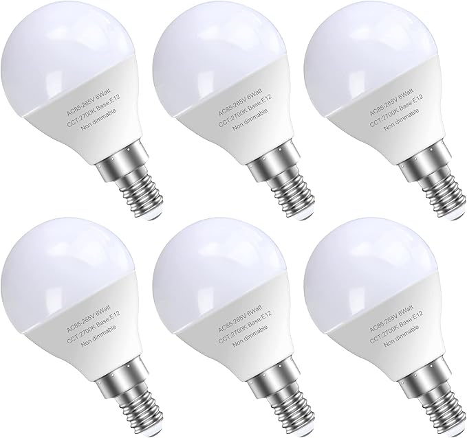 6 Pack E12 LED Candelabra Light Bulbs, 60 Watt Equivalent, Warm White 2700K, 120V Chandelier Llight Bulb, A15 / G45 Shape Ceiling Fan Light Bulbs, Bright Small Bulb Non-Dimmable