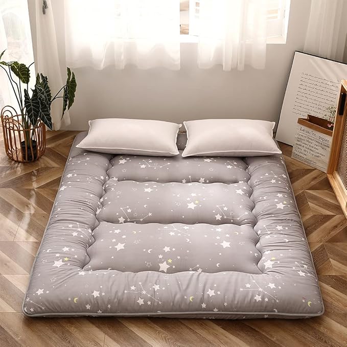 MAXYOYO Grey Constellation Japanese Floor Futon Mattress, Tatami Floor Mat Portable Camping Mattress Kids Sleeping Pad Foldable Roll Up Floor Lounger Couch Bed with Mattress Protector Queen Size