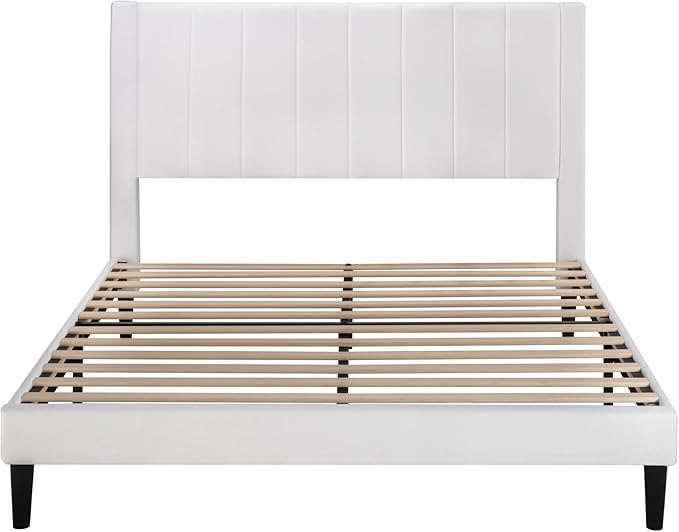 Allewie Full Bed Frame/Velvet Upholstered Bed Frame with Vertical Channel Tufted Headboard/Strong Wooden Slats/Platform Bed Frame/Mattress Foundation/Box Spring Optional/Easy Assembly/White