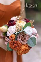 Ling's moment Artificial Flowers Fake Silk Roses Faux Foam Flower Combo for DIY Wedding Bouquets Centerpieces Arrangements Bridal Shower Party Home Decorations, Orange & Dusty Rose, 21pcs
