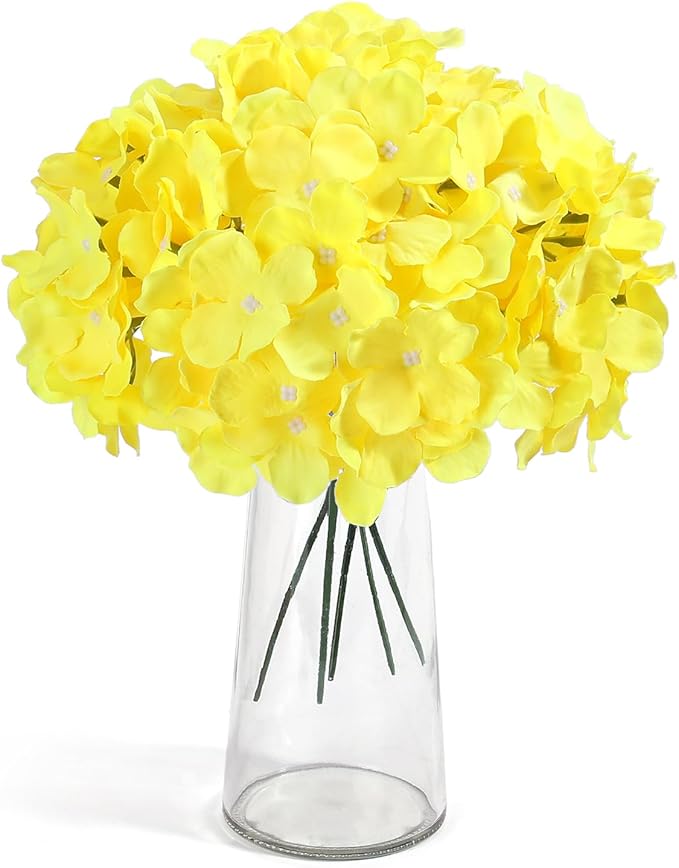 Auihiay 64pcs Hydrangea Artificial Flowers, Yellow Silk Hydrangea Heads with Stems, Hydrangea Flowers for DIY Wedding Centerpiece Baby Shower Home Party Decor (Yellow)