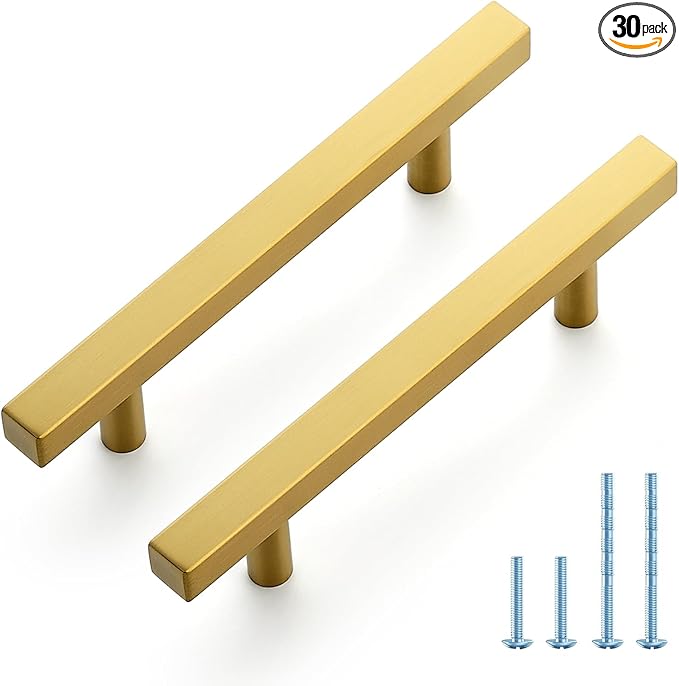 JOY DECOR 30 Pack 3-3/4 Inch Brushed Brass Square Cabinet Handles Stainless Steel Cabinet Hardware Pulls for Kitchen and Drawers with 6 Inch Overall Length