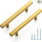 JOY DECOR 30 Pack 3-3/4 Inch Brushed Brass Square Cabinet Handles Stainless Steel Cabinet Hardware Pulls for Kitchen and Drawers with 6 Inch Overall Length