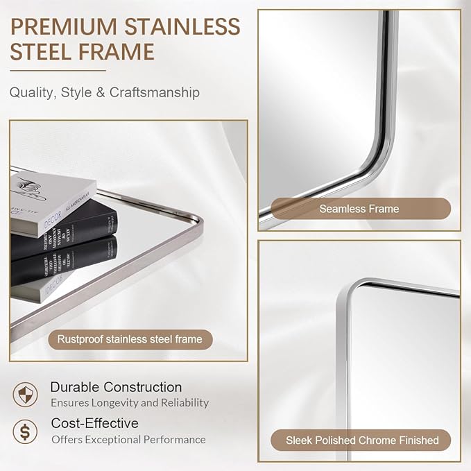 ANDY STAR 24x32 INCH Chrome Mirrors for Bathroom, Polished Nickel Bathroom Mirror, Rounded Rectangle Mirror, Anti-Rust SUS304, Tube Metal Frame, 1’’ Deep Wall Mounted Vertically/Horizontal
