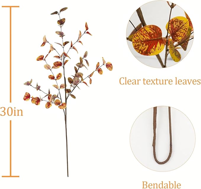 6pcs Artificial Fall Eucalyptus Leaves Stems 30" Faux Fall Leaf Fall Branches Autumn Decorations for Home Fall Floral Arrangements Farmhouse Table Centerpiece Decor, Yellow