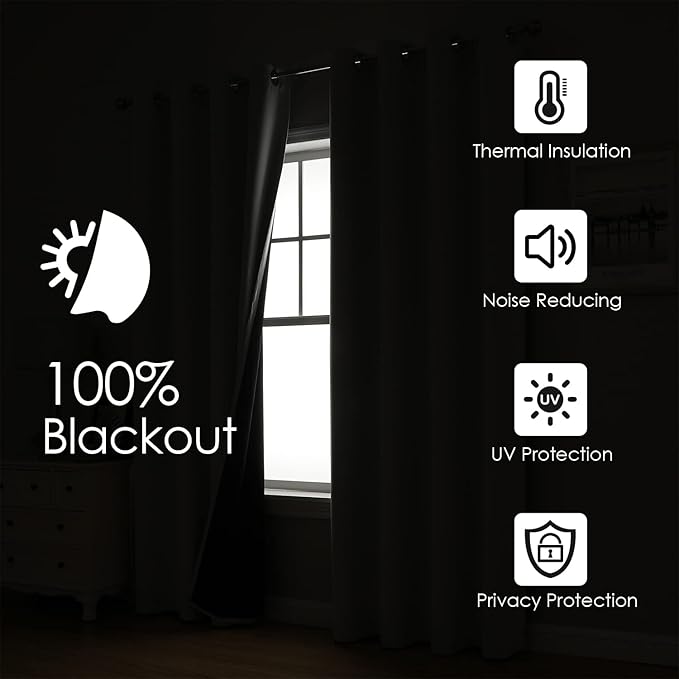 ChrisDowa 100% Blackout Curtains for Bedroom with Black Liner, 2 Thick Layers Total Blackout Thermal Insulated Grommet Window Curtains 2 Panels Set (Cappuccino, 42 x 63 Inch)